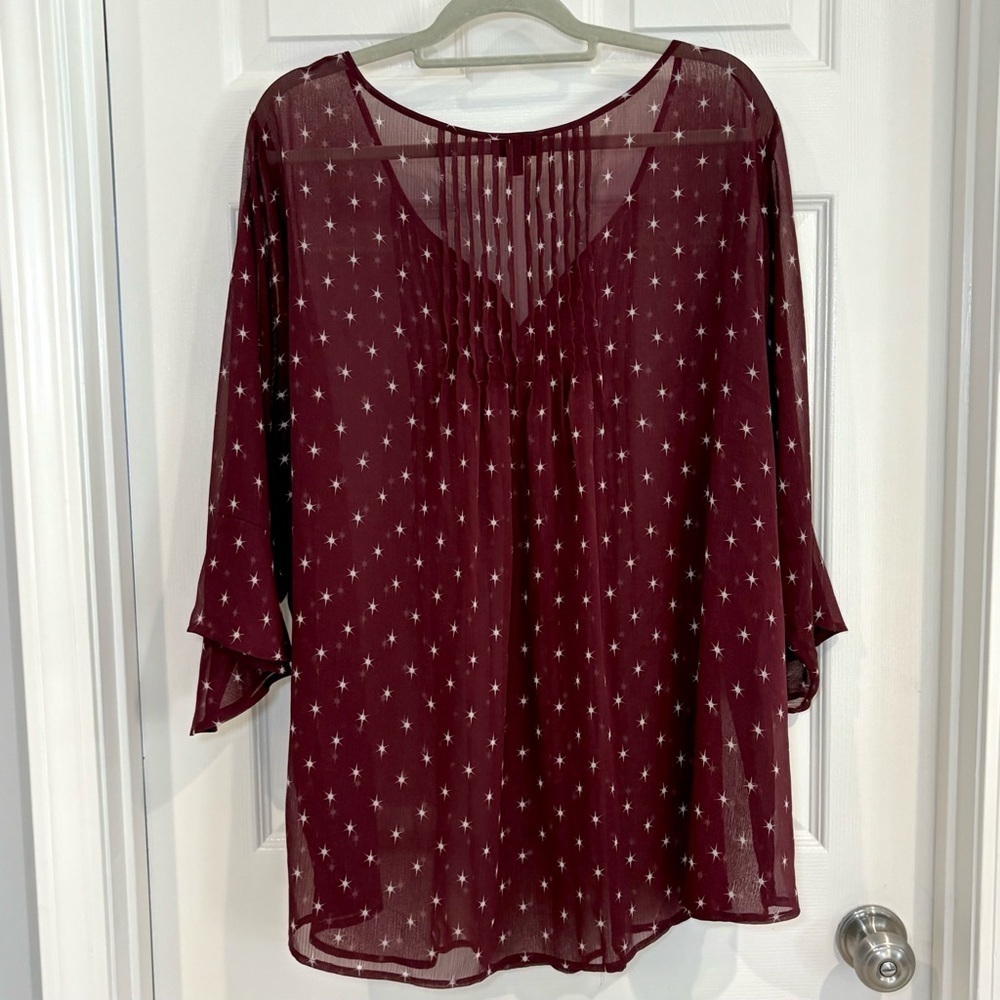 Torrid Pintuck Chiffon Burgundy Dot Star Peasant Sheer Blouse Women Plus Size 4 - Picture 8 of 17